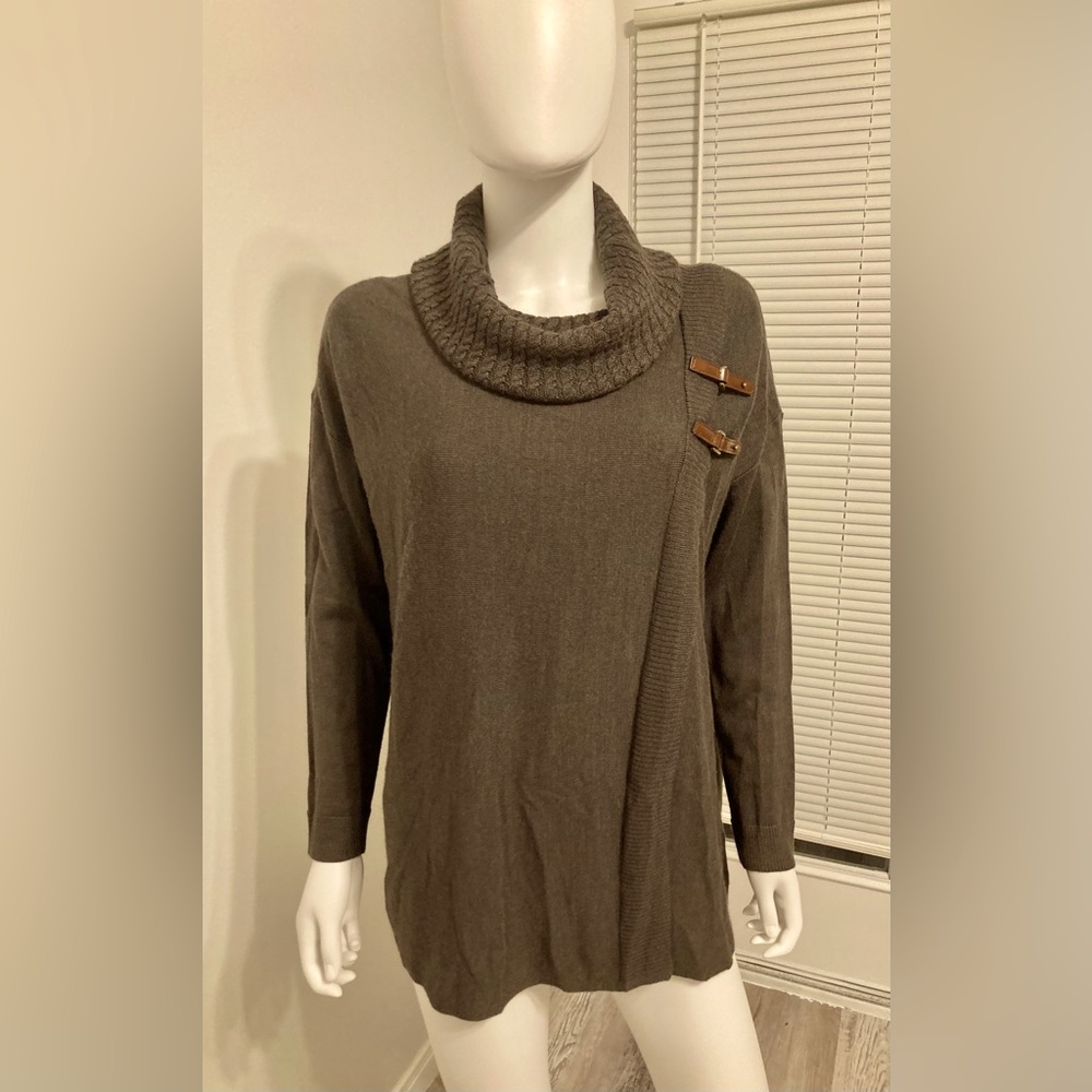 Ellen Tracy sweater in 50% merino wool with equestrian-inspired buckle collar.